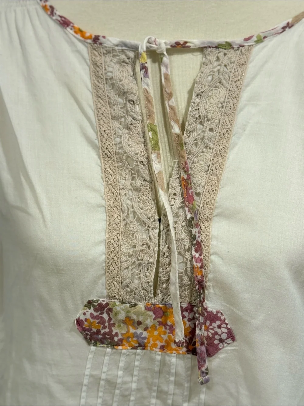 Free People Cream Boho Peasant Tunic with Floral Trim